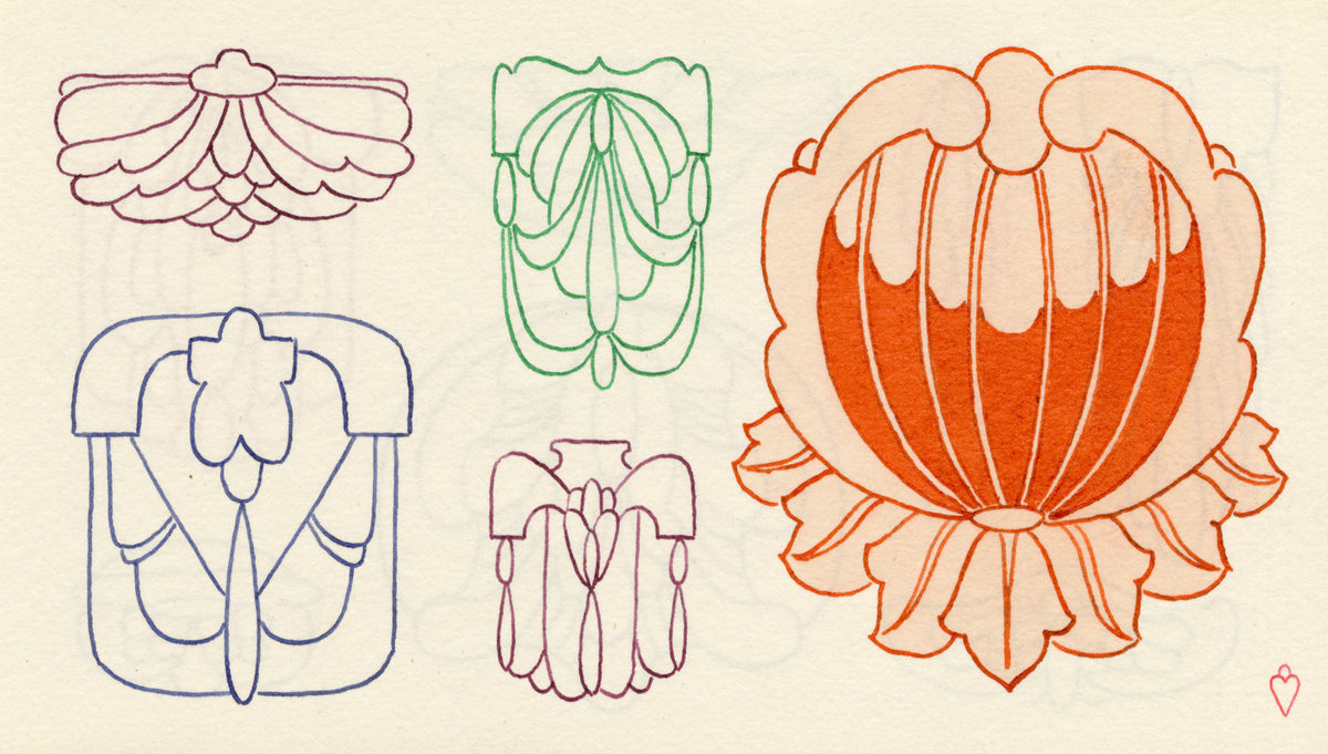 Pickford Robert Waller, Decorative Art Nouveau Design Five Motifs – 1914 pen & ink drawing