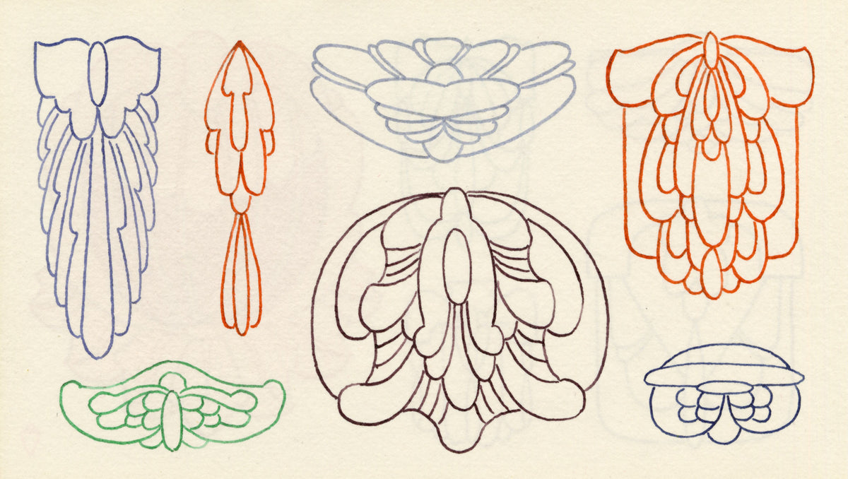 Pickford Robert Waller, Decorative Art Nouveau Design Five Motifs – 1914 pen & ink drawing