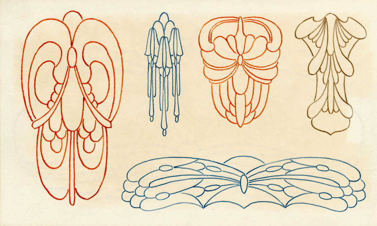Pickford Robert Waller, Decorative Art Nouveau Design Five Motifs – 1914 pen & ink drawing