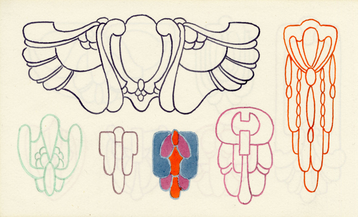 Pickford Robert Waller, Decorative Art Nouveau Design Six Motifs – 1914 pen & ink drawing