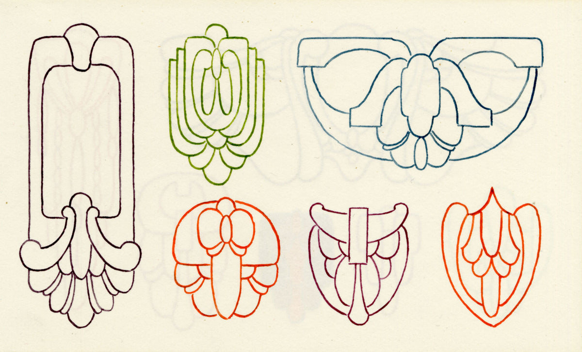 Pickford Robert Waller, Decorative Art Nouveau Design Six Motifs – 1914 pen & ink drawing