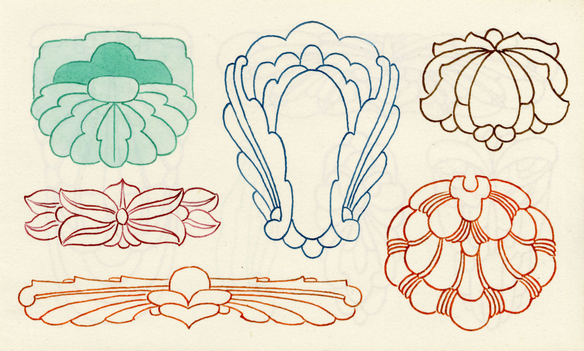 Pickford Robert Waller, Decorative Art Nouveau Design Motifs with Sea Green – 1914 pen & ink drawing