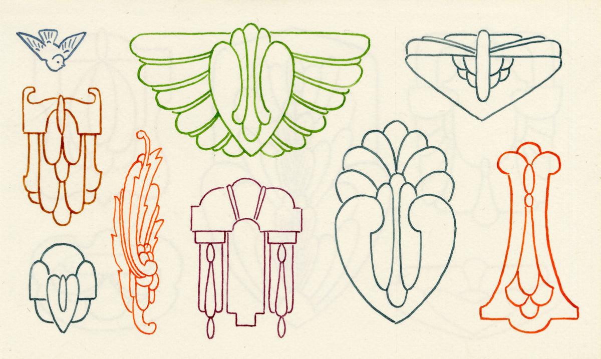 Pickford Robert Waller, Decorative Art Nouveau Design Motifs with Bird – 1914 pen & ink drawing