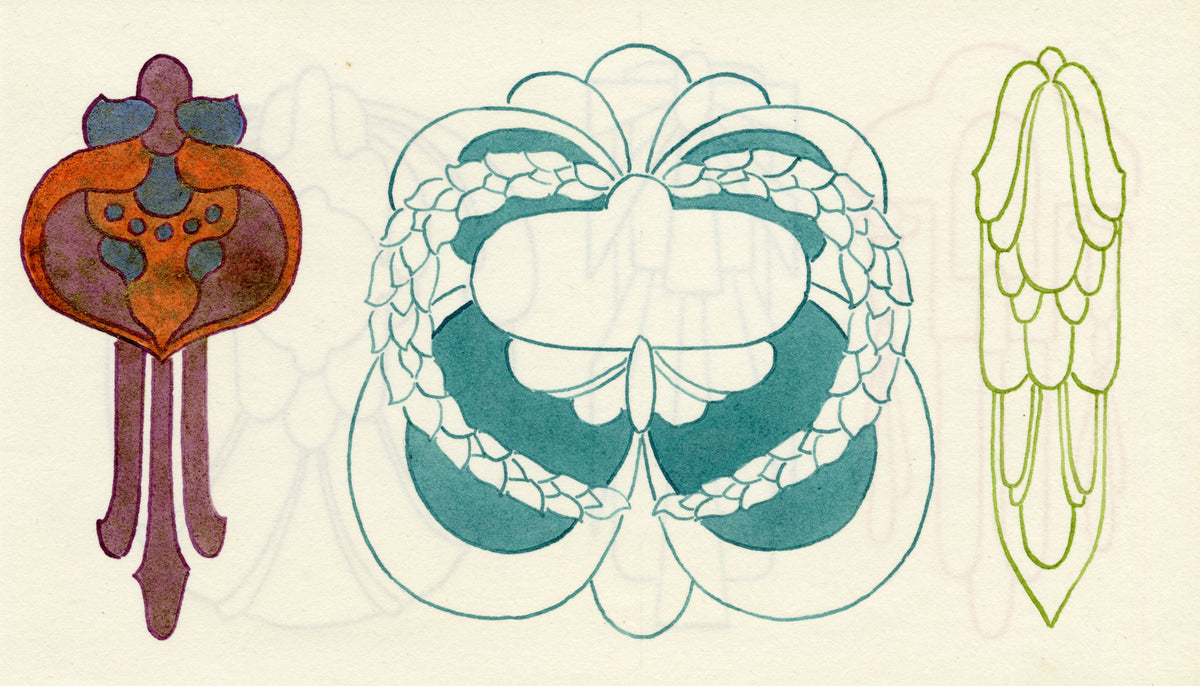 Pickford Robert Waller, Decorative Art Nouveau Design Three Motifs – 1917 pen & ink drawing