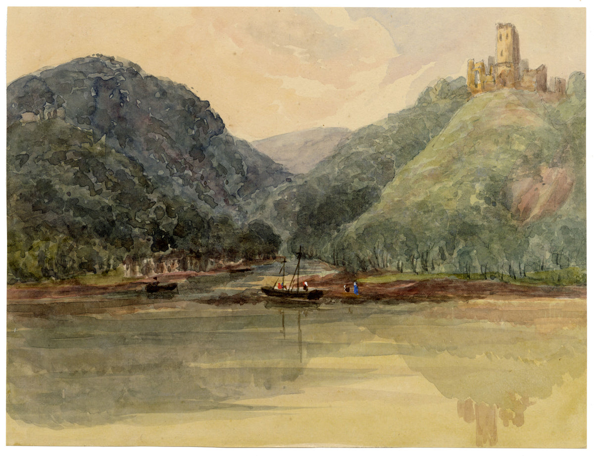 Elizabeth Middleton Powell, Lahneck Castle on the Rhine & the Lahn, Germany – 1857 watercolour painting