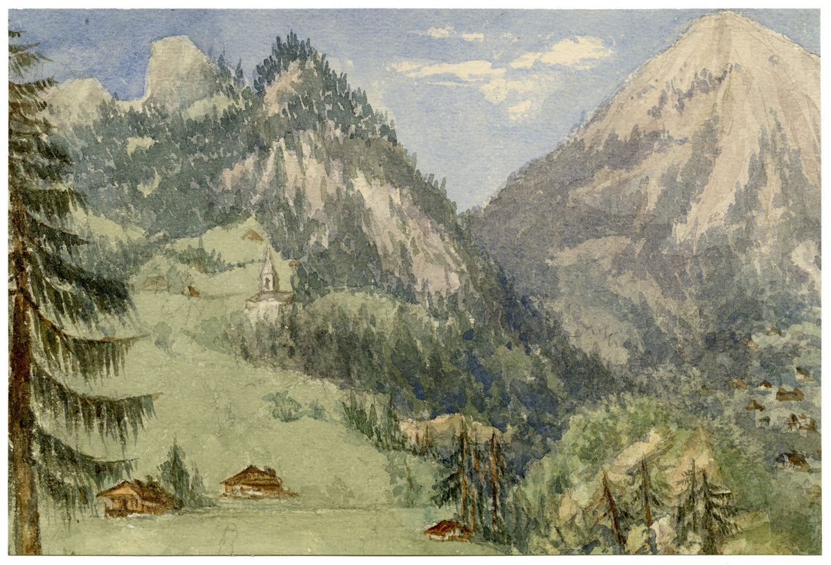 Elizabeth Middleton Powell, Protestant Church in Comballaz, Alpine Switzerland – 1865 watercolour painting
