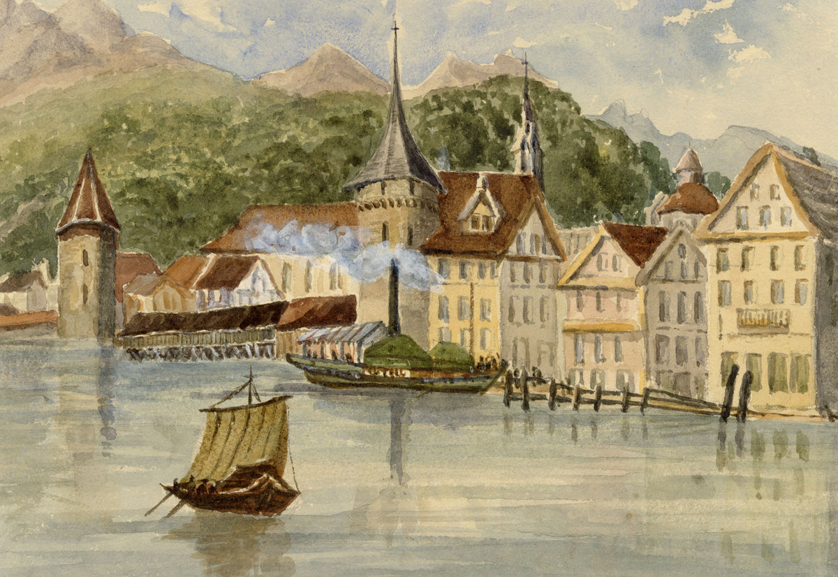 Elizabeth Middleton Powell, Lucerne Chapel Bridge, Reuss River, Switzerland – 1855 watercolour painting