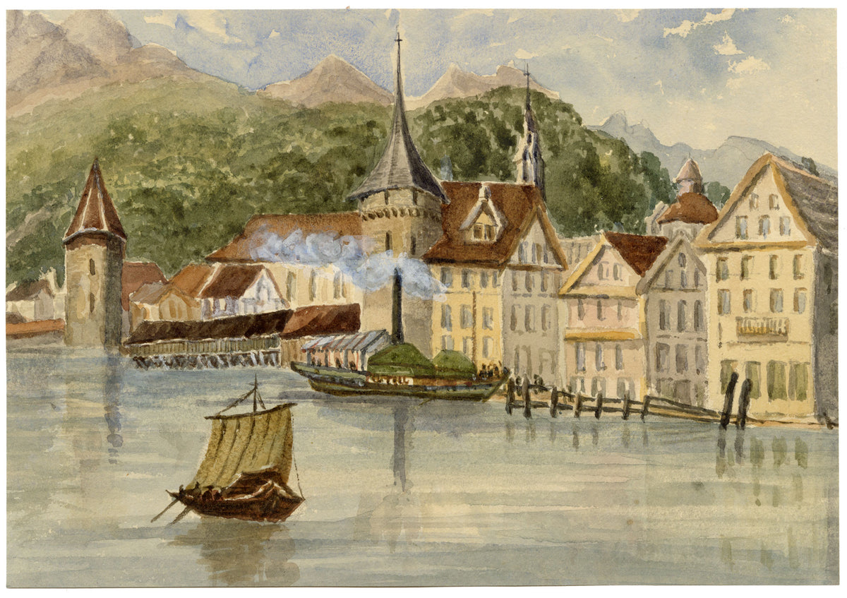 Elizabeth Middleton Powell, Lucerne Chapel Bridge, Reuss River, Switzerland – 1855 watercolour painting