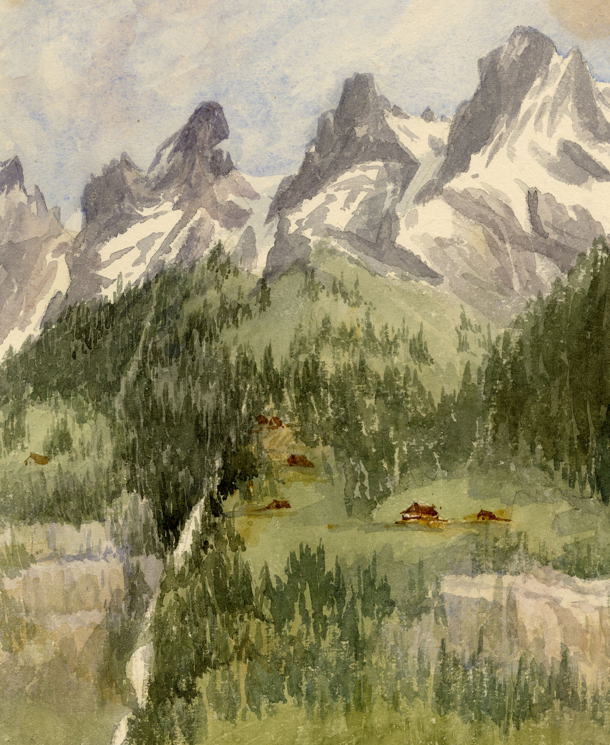 Elizabeth Middleton Powell, Peaks of Dents du Midi from Champéry, Switzerland – 1860 watercolour painting