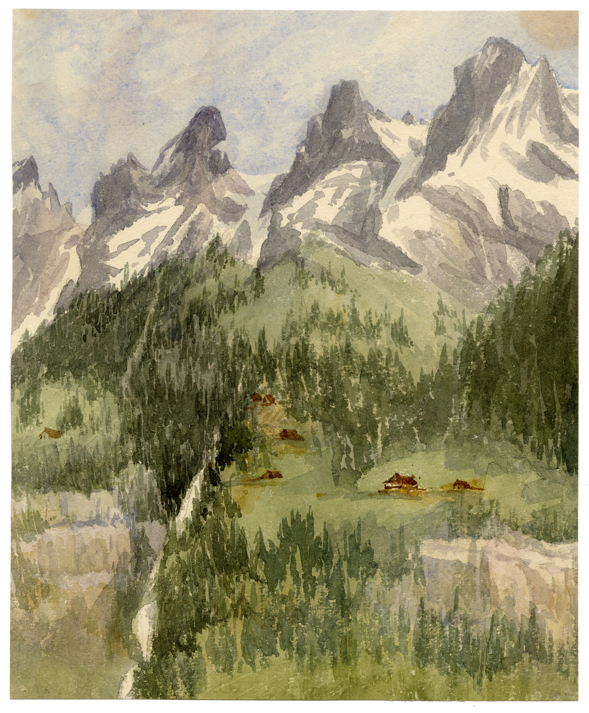 Elizabeth Middleton Powell, Peaks of Dents du Midi from Champéry, Switzerland – 1860 watercolour painting