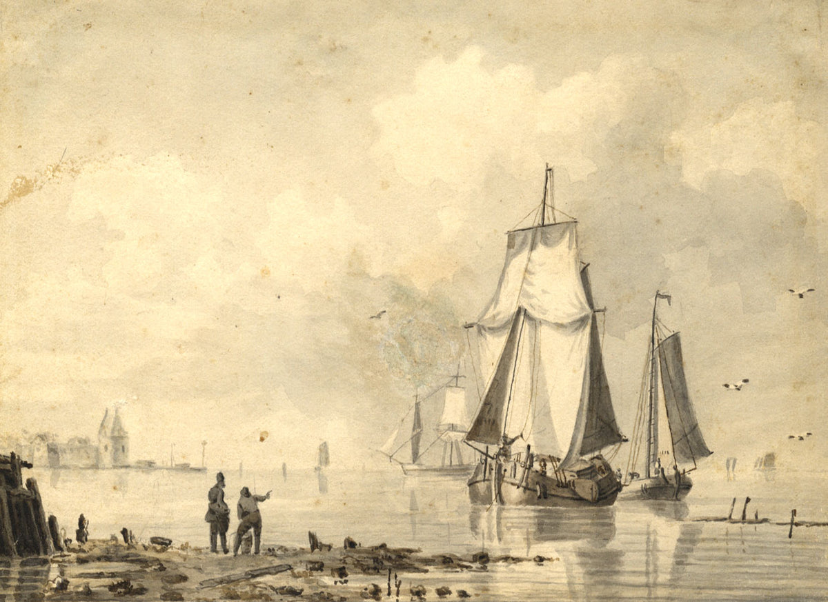 Attr Johannes Christian Schotel Boats in Harbour –Early 19th-century watercolour