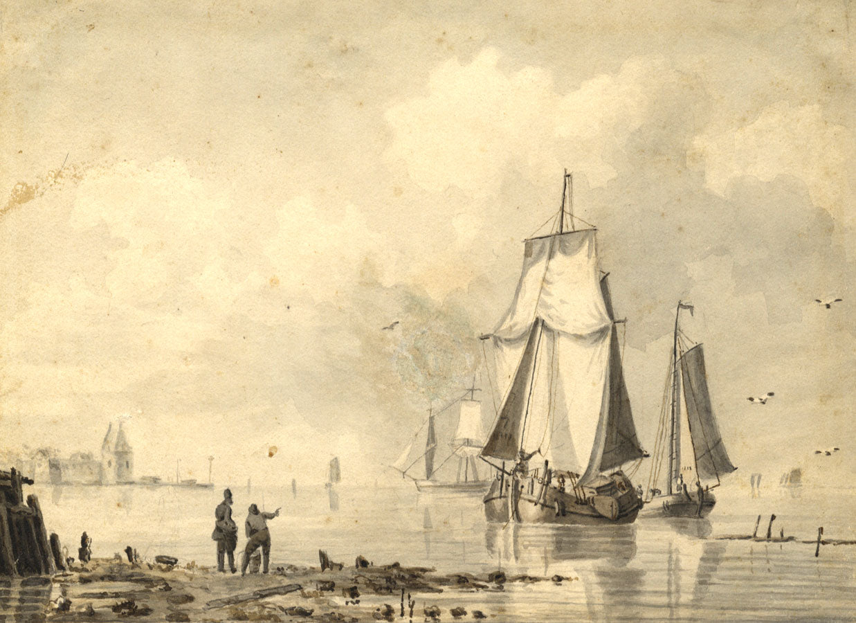 Attr Johannes Christian Schotel Boats in Harbour –Early 19th-century watercolour