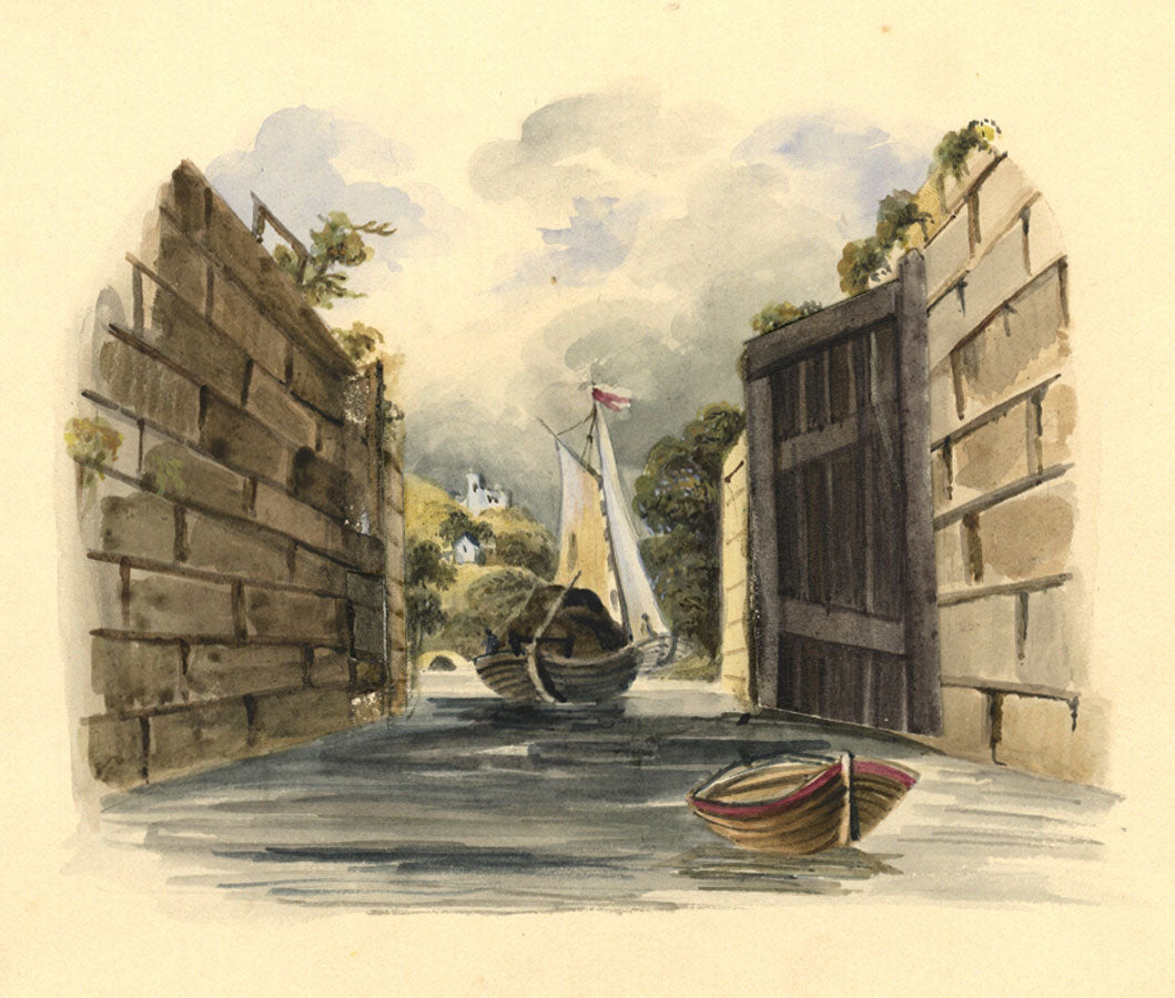Canal Barge Entering Lock – Original 19th-century watercolour painting