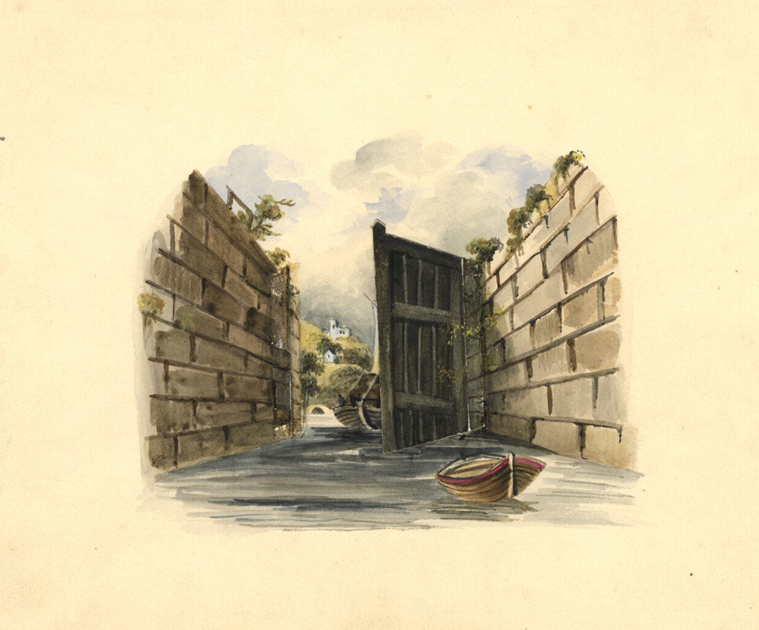 Canal Barge Entering Lock – Original 19th-century watercolour painting