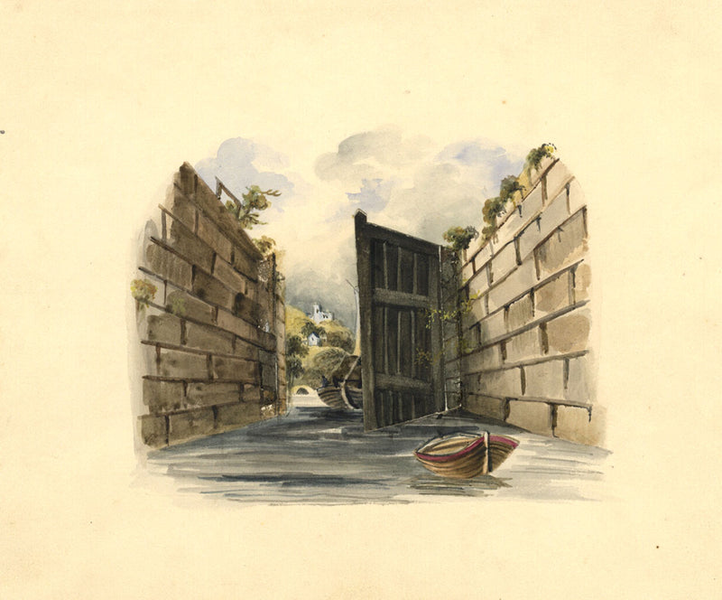Canal Barge Entering Lock – Original 19th-century watercolour painting