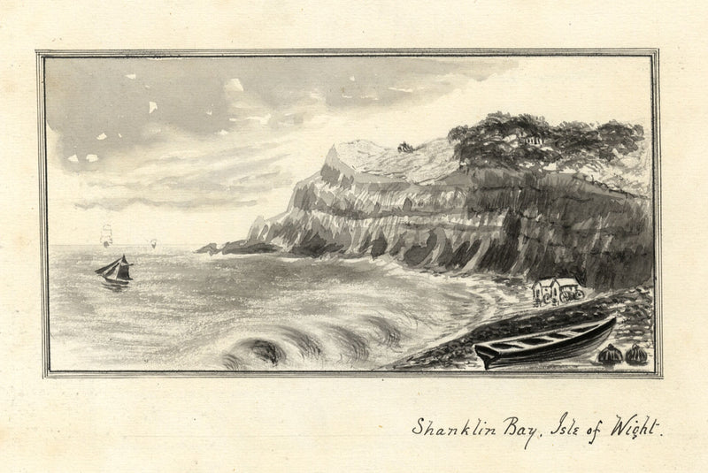 Bahía de Shanklin, Isla de Wight – Pintura de acuarela en grisalla de finales del siglo XIX