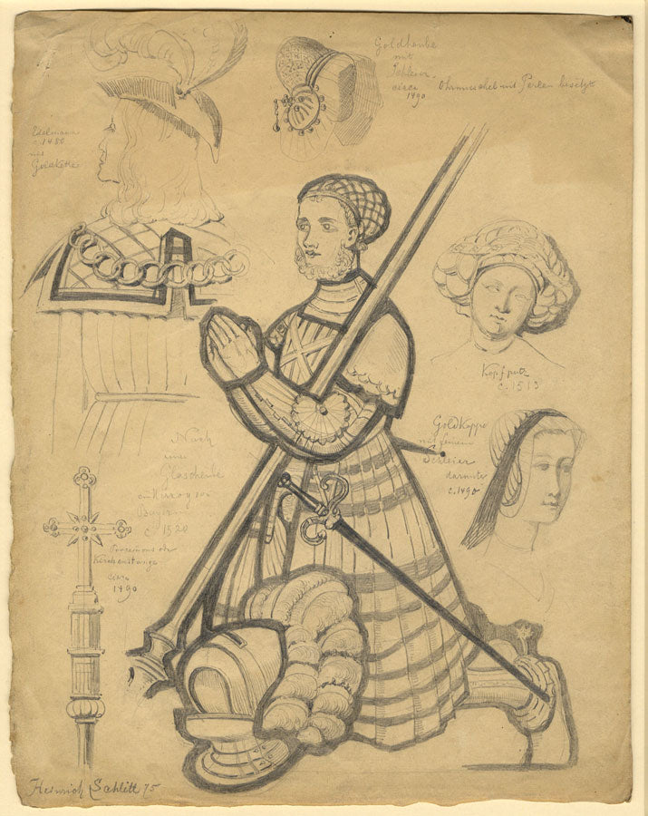 Heinrich Schlitt German Medieval Costume Studies –Original 1875 graphite drawing