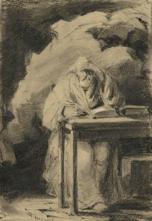 J.L. Roget, Old Man Reading – Original 1848 chalk drawing