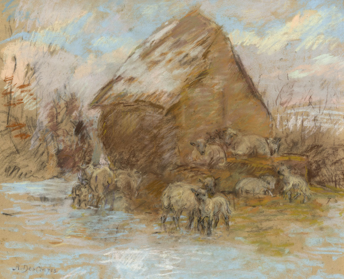 Alice Des Clayes ARCA, Sheep & Shepherd's Hut – Early 20th-century pastel drawing