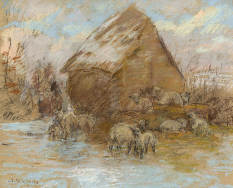 Alice Des Clayes ARCA, Sheep & Shepherd's Hut – Early 20th-century pastel drawing