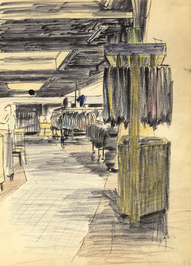 D. Clarke, Department Store Interior – Original 1960s pen & ink drawing