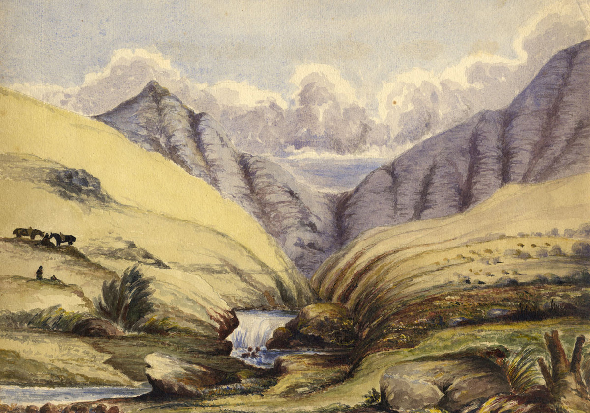 Mountain River Waterfall – Original late 19th-century watercolour painting