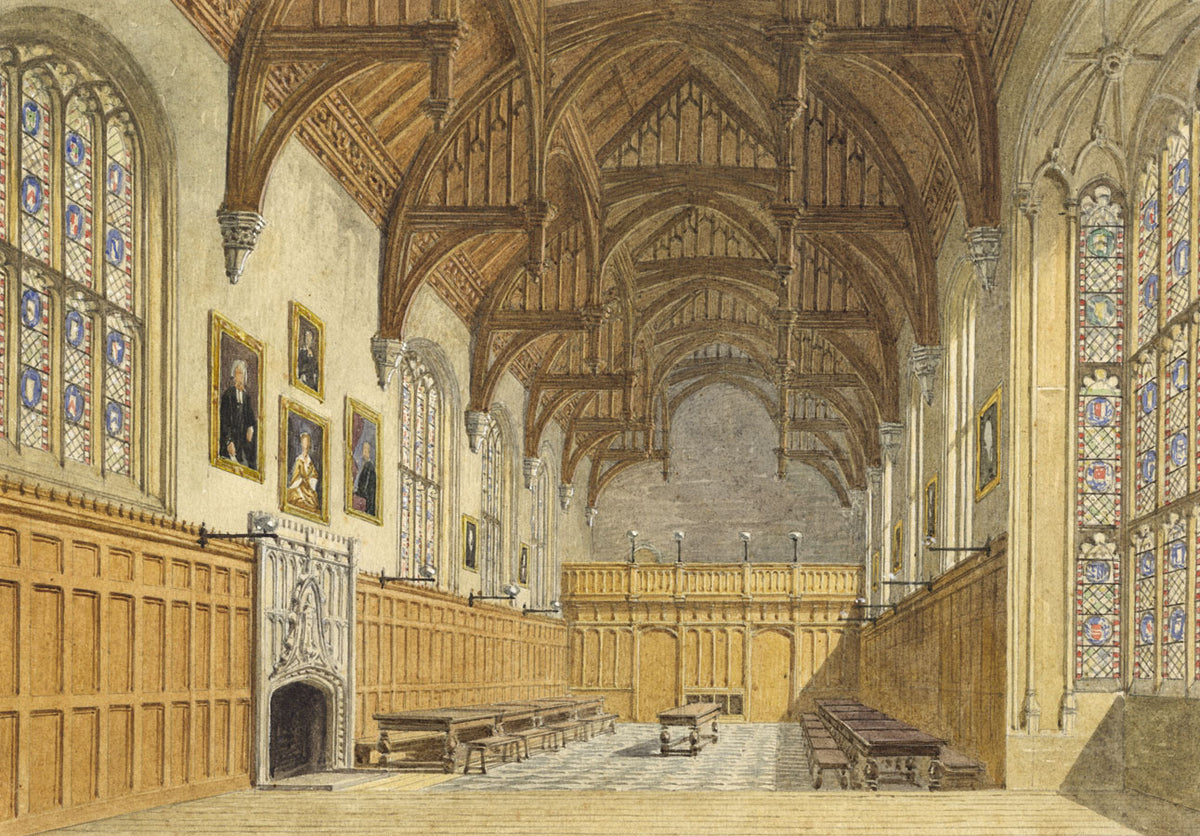 Attrib. W.A. Delamotte, Dining Hall Pembroke College Oxford, C19th watercolour