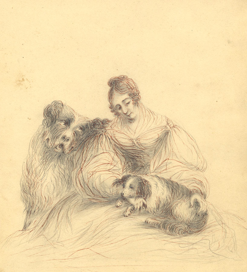 Caroline Anne Bowles (Southey), Self Portrait with Dogs – 19th-century graphite drawing