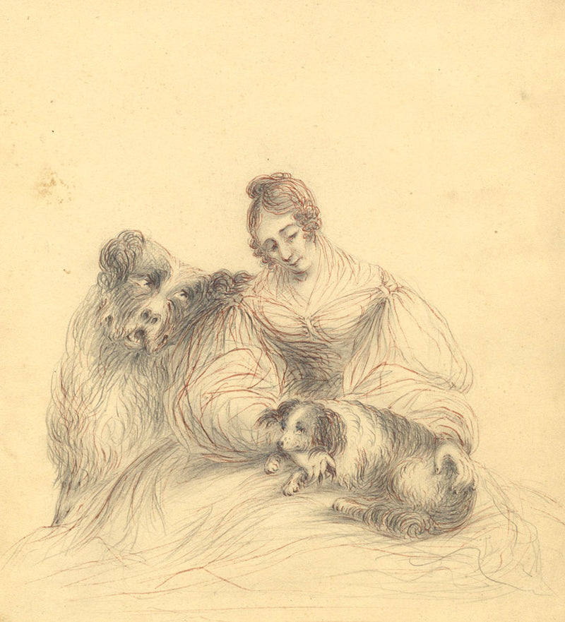 Caroline Anne Bowles (Southey), Self Portrait with Dogs – 19th-century graphite drawing