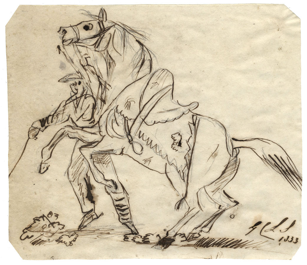 Charles Loraine-Smith, Rearing Horse & Rider – Original 1833 pen & ink drawing