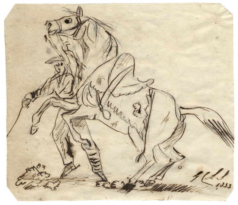 Charles Loraine-Smith, Rearing Horse & Rider – Original 1833 pen & ink drawing