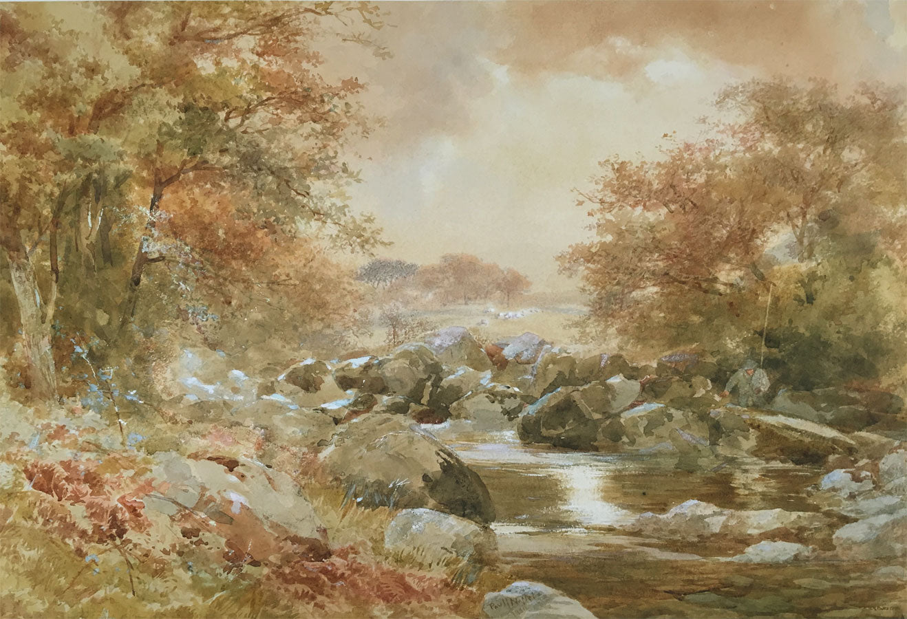 Paul Jacob Naftel RWS, River Landscape with Angler – 1880 watercolour painting