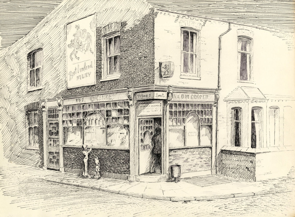 E.F. Hearfield, Off Licence Old Shop Front, York – 1980s pen & ink drawing