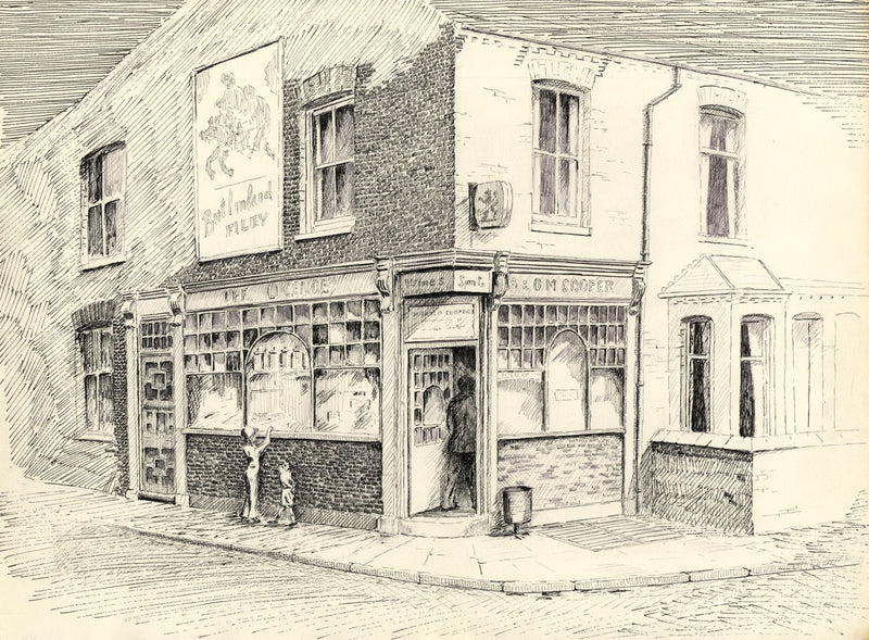 E.F. Hearfield, Off Licence Old Shop Front, York – 1980s pen & ink drawing