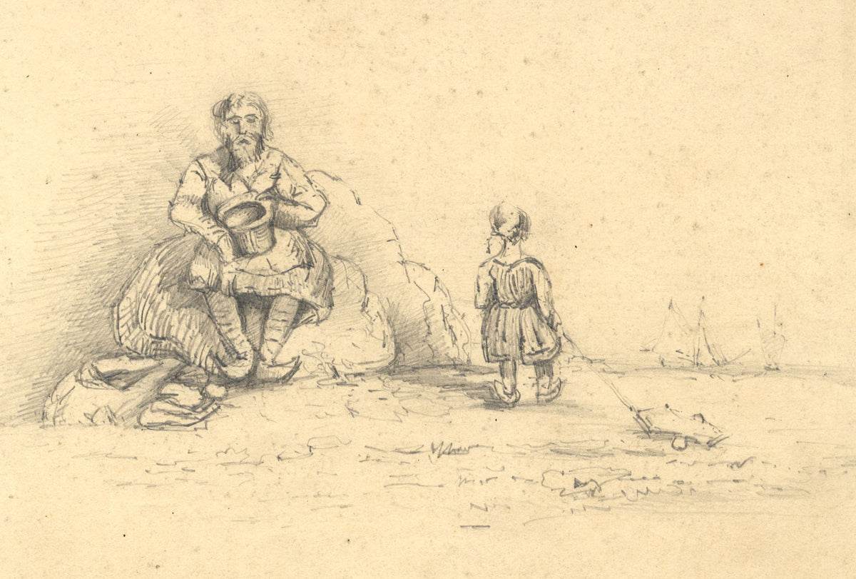 Dashwood, Dutch Man & Child on Beach –Original mid-19th-century graphite drawing