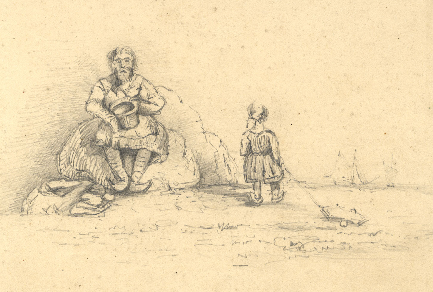 Dashwood, Dutch Man & Child on Beach –Original mid-19th-century graphite drawing