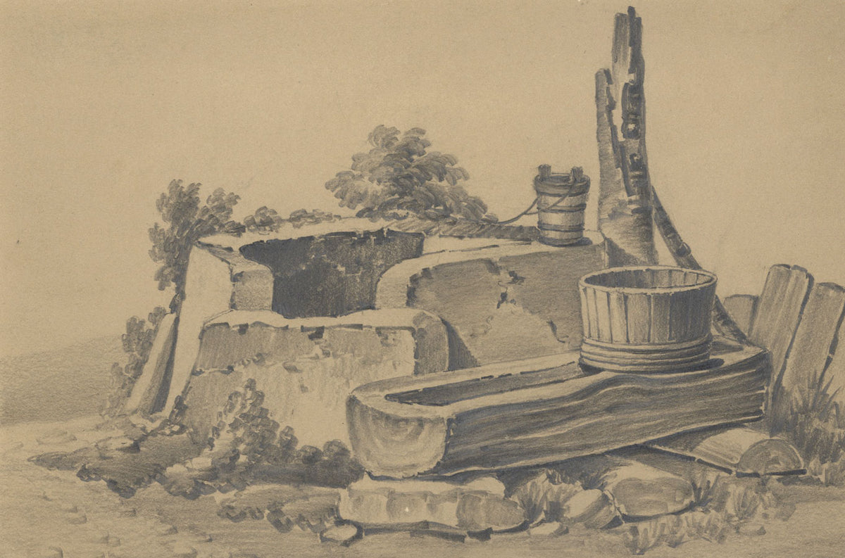 Miss Leywater, Stone Well & Trough Study – Original 1847 graphite drawing
