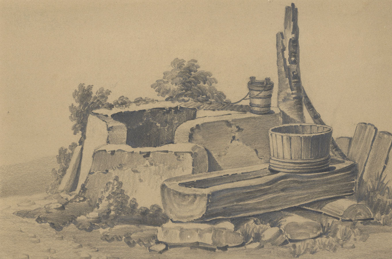 Miss Leywater, Stone Well & Trough Study – Original 1847 graphite drawing