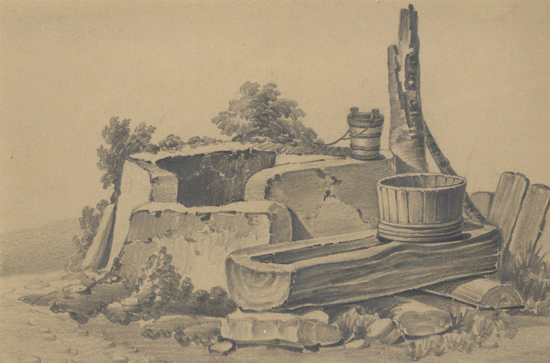 Miss Leywater, Stone Well & Trough Study – Original 1847 graphite drawing