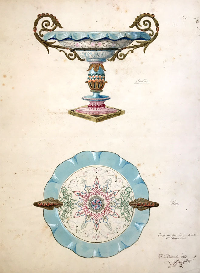 Louis Denizot, French Porcelain & Bronze Bowl Design-1881 watercolour painting
