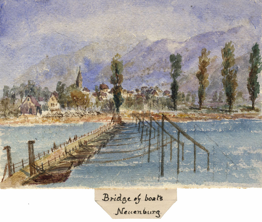 Cowan, Ponte delle barche, Reno, Neuenburg – Acquerello di fine Ottocento