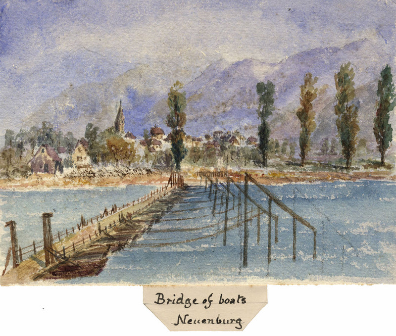 Cowan, Ponte delle barche, Reno, Neuenburg – Acquerello di fine Ottocento