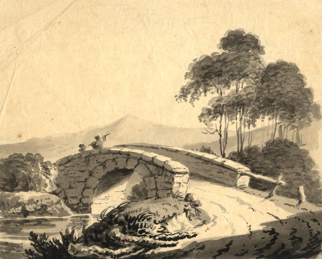Figures in Picturesque Landscape – Early 19th-century watercolour in grisaille