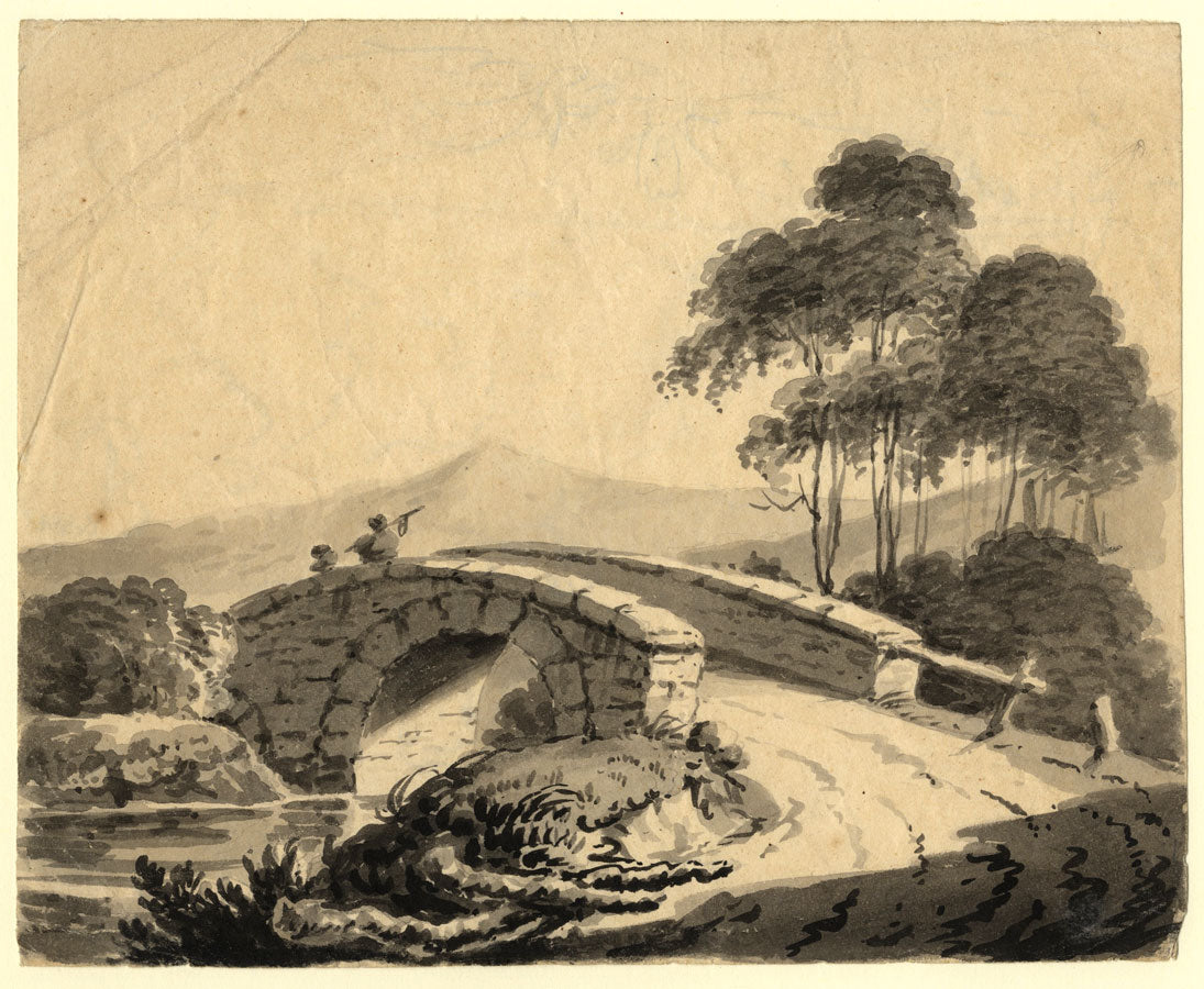 Figures in Picturesque Landscape – Early 19th-century watercolour in grisaille