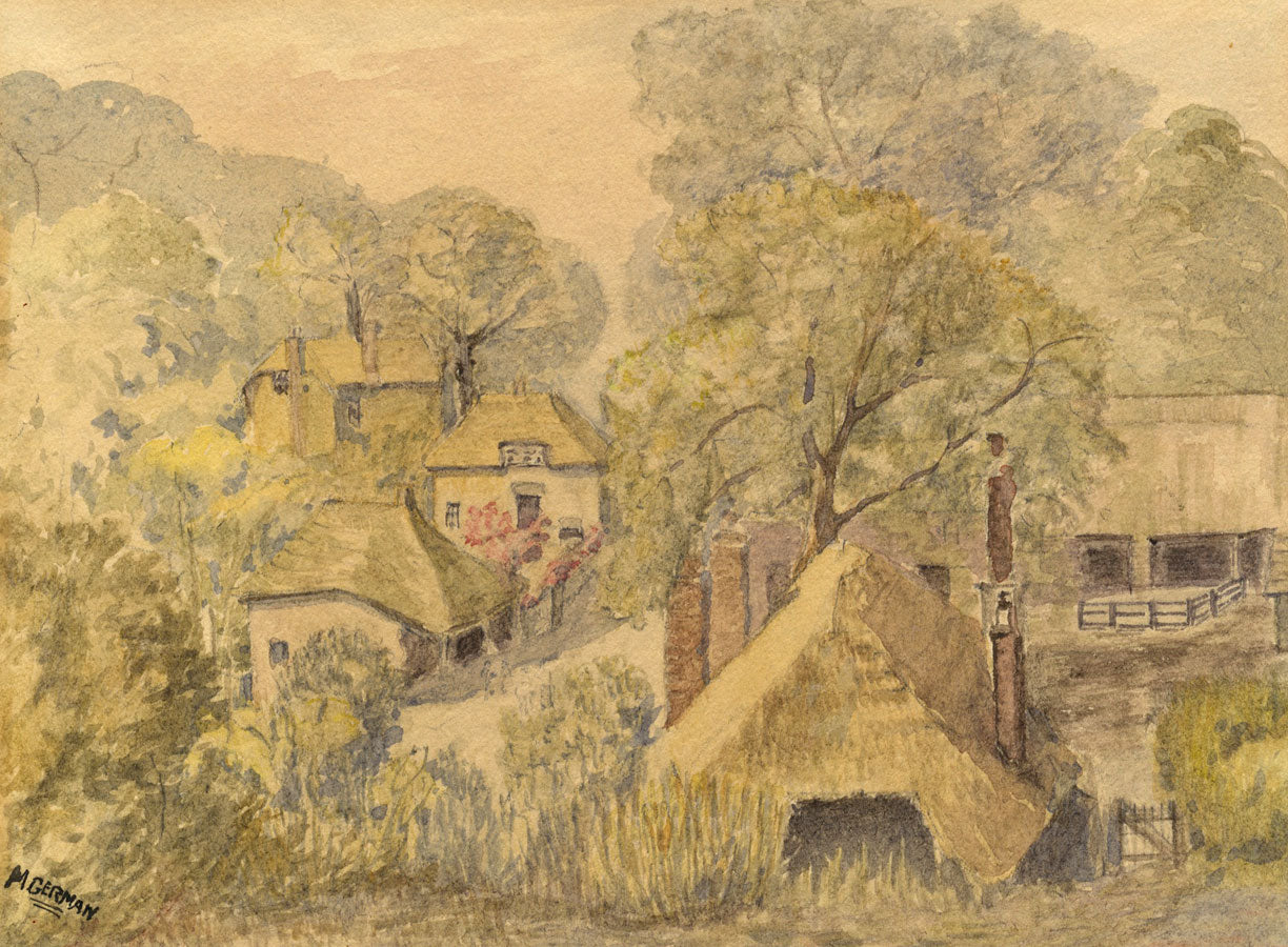 M. German, Rural Hamlet with Thatched Cottages – Early 20th-century watercolour