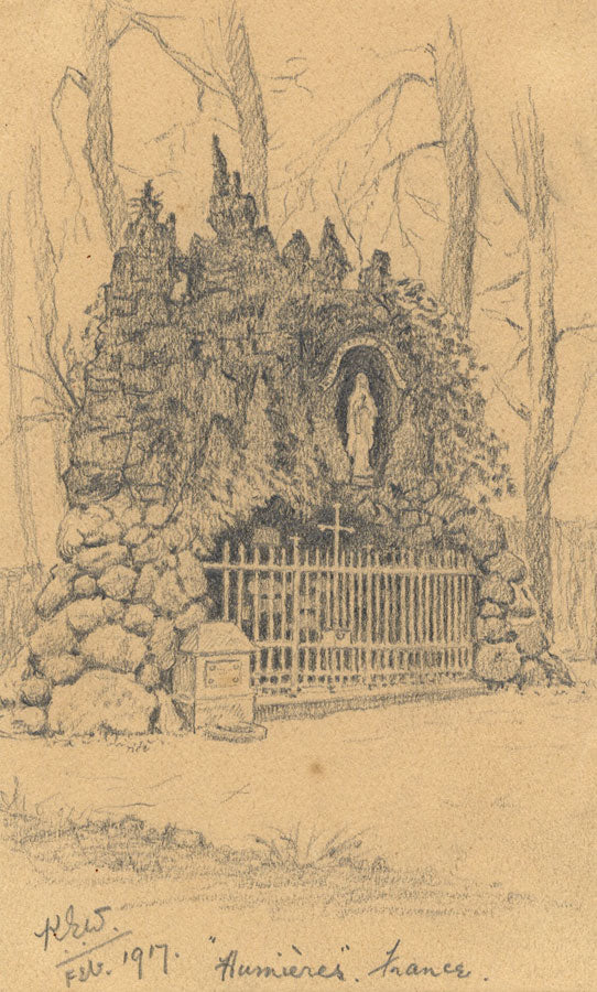 Kenneth E. Wootton, Virgin Mary Shrine, Humières, France – 1917 graphite drawing