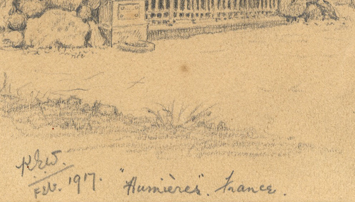 Kenneth E. Wootton, Santuario della Vergine Maria, Humières, Francia – disegno a grafite del 1917