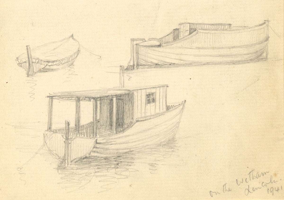 Kenneth E. Wootton, Boats on River Witham, Lincoln – 1941 graphite drawing