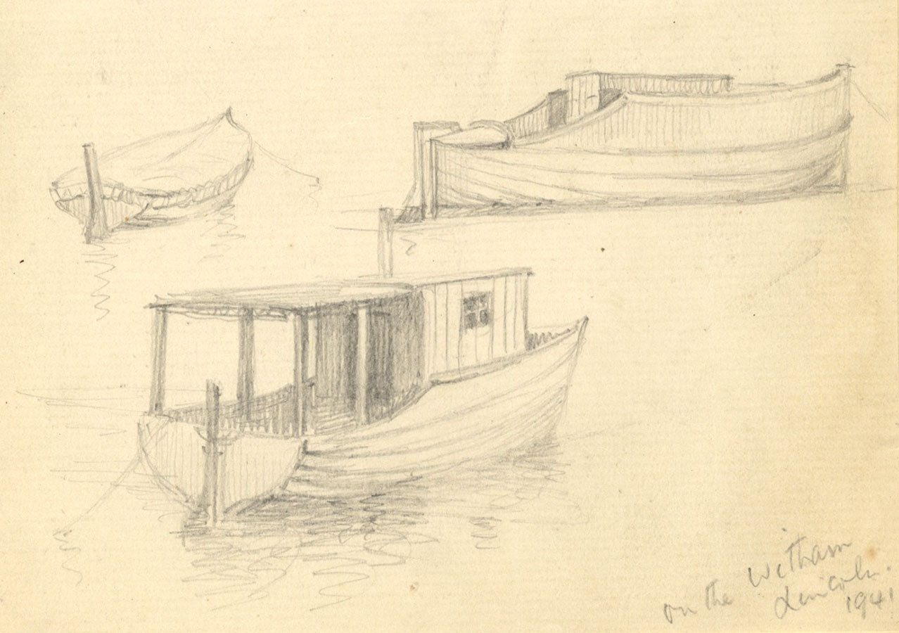 Kenneth E. Wootton, Boats on River Witham, Lincoln – 1941 graphite drawing