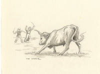 Claire Rome, Steer Bull with Figures – Mid-20th-century watercolour painting